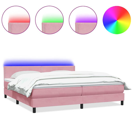 vidaXL Κρεβάτι Boxspring με Στρώμα & LED Ροζ 180x210 εκ. Βελούδινο