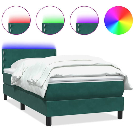 vidaXL Κρεβάτι Boxspring με Στρώμα & LED σκούρο πράσινο 80x220εκ. Βελούδινο