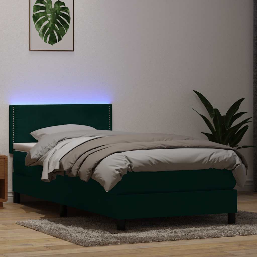 vidaXL Κρεβάτι Boxspring με Στρώμα & LED σκούρο πράσινο 80x220εκ. Βελούδινο