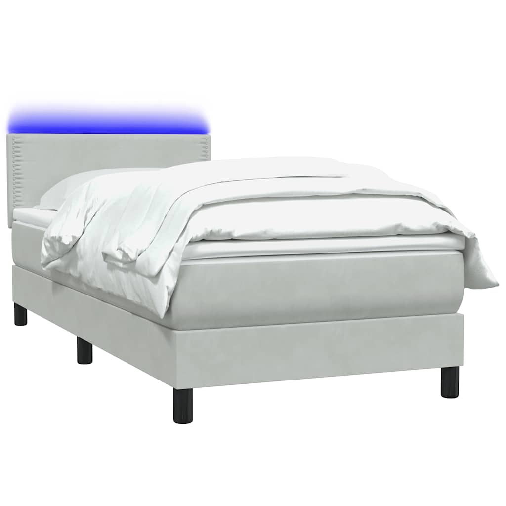 vidaXL Κρεβάτι Boxspring με Στρώμα & LED ανοιχτό γκρι 90x220 εκ. Βελούδινο