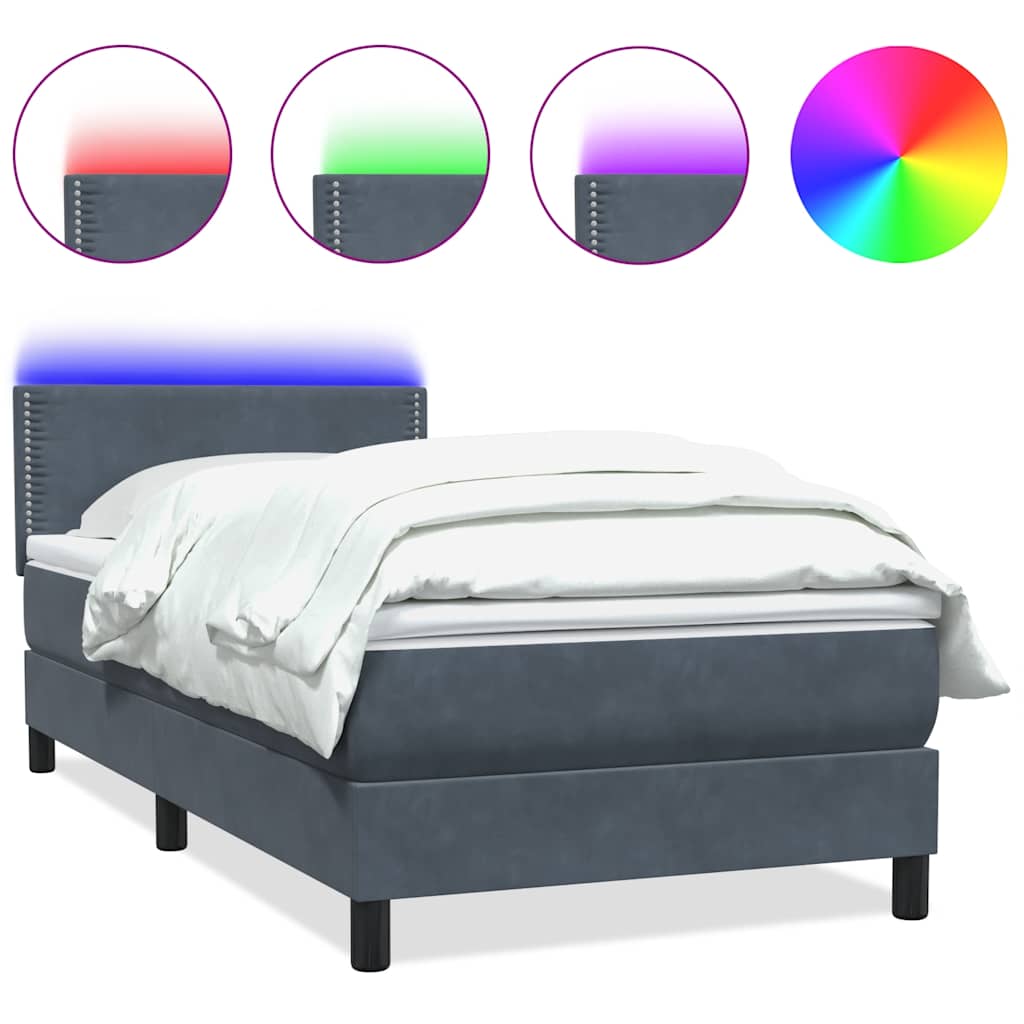 vidaXL Κρεβάτι Boxspring με Στρώμα & LED Σκούρο Γκρι 90x220 εκ. Βελούδινο