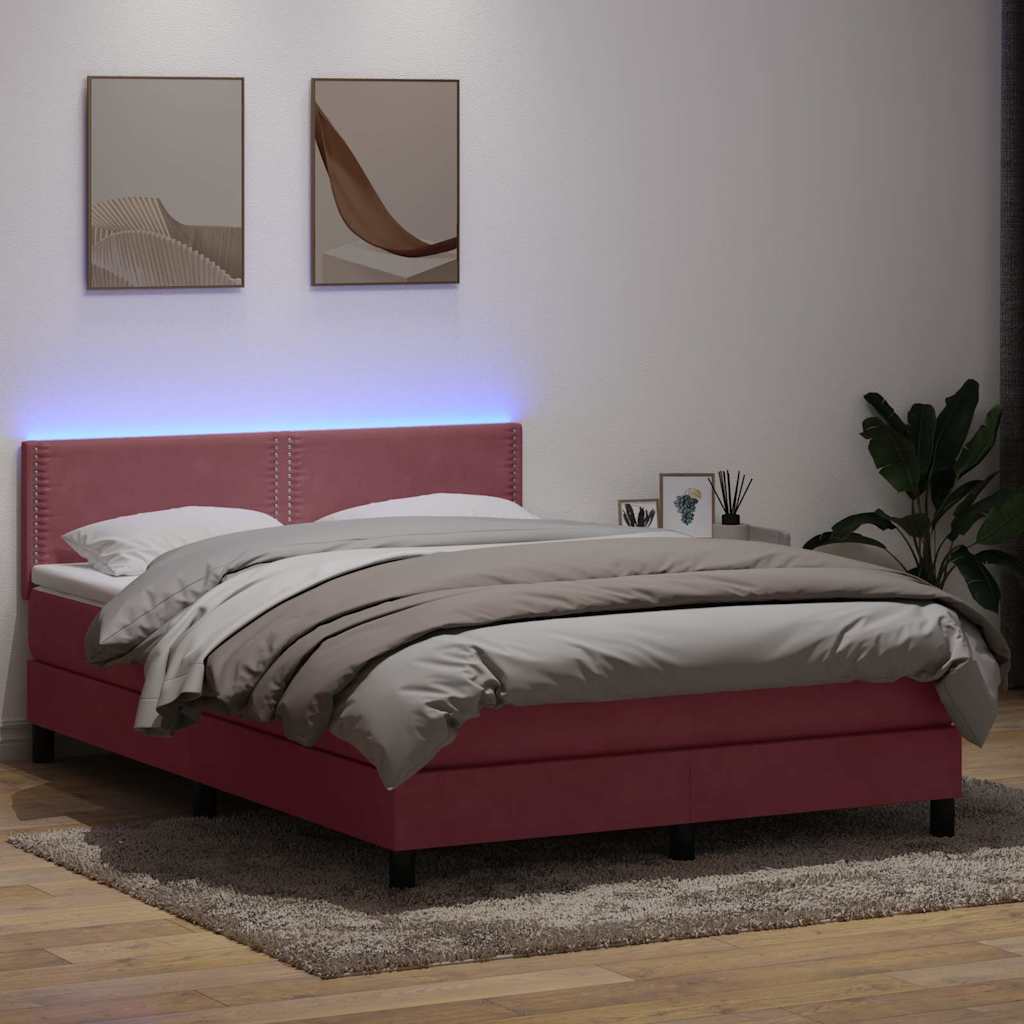 vidaXL Κρεβάτι Boxspring με Στρώμα & LED ροζ 160x220 cm Βελούδινο