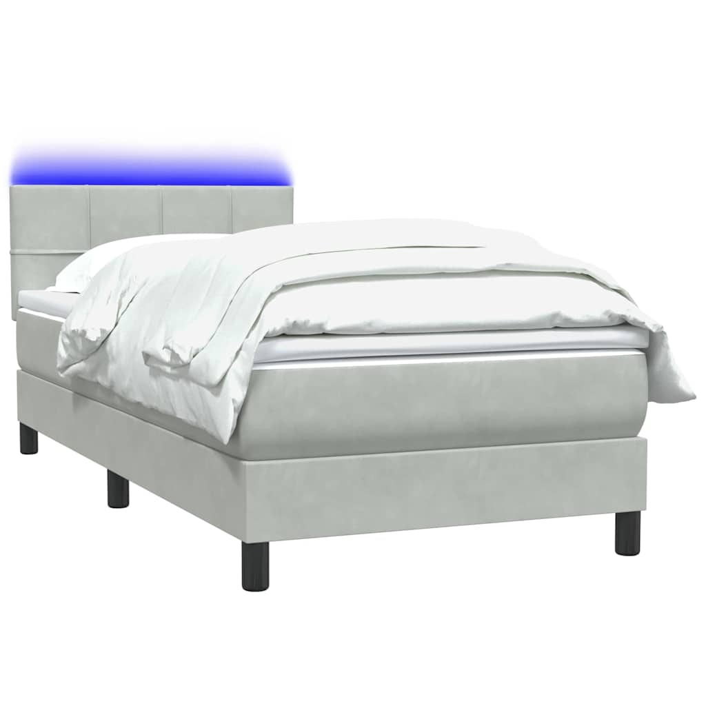 vidaXL Κρεβάτι Boxspring με Στρώμα & LED Ανοιχτό Γκρι 80x210 εκ. Βελούδινο