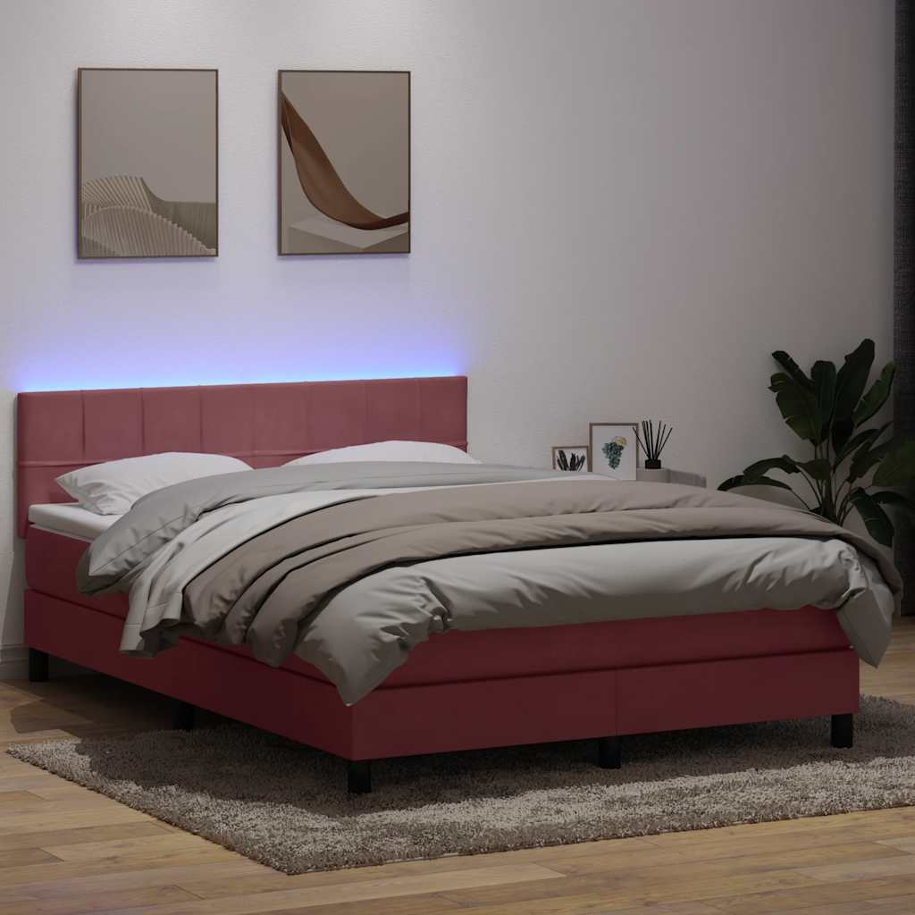 vidaXL Κρεβάτι Boxspring με Στρώμα & LED Ροζ 140x210 εκ. Βελούδινο