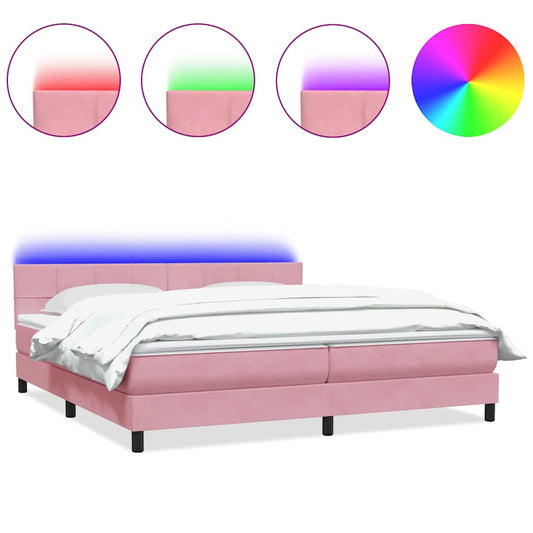 vidaXL Κρεβάτι Boxspring με Στρώμα & LED Ροζ 180x210 εκ. Βελούδινο