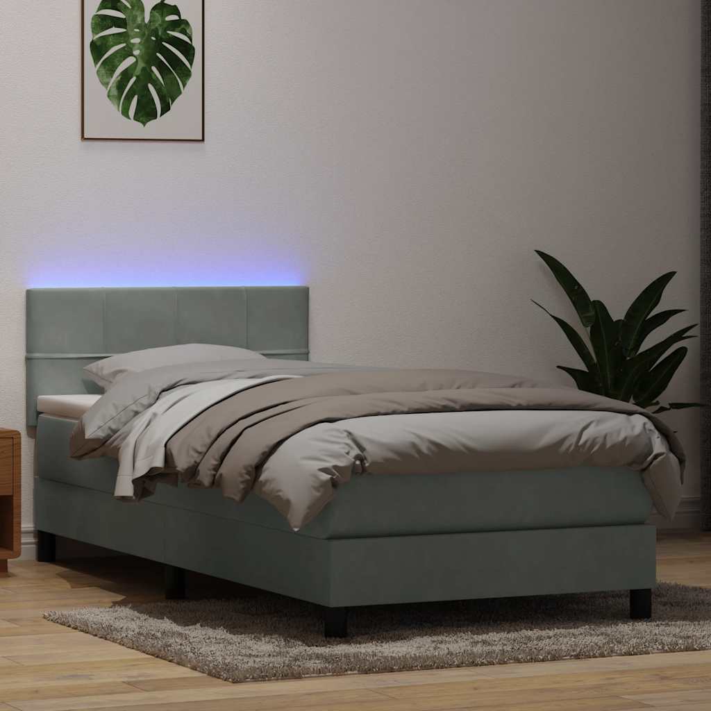 vidaXL Κρεβάτι Boxspring με Στρώμα & LED ανοιχτό γκρι 80x220 cm Βελούδινο