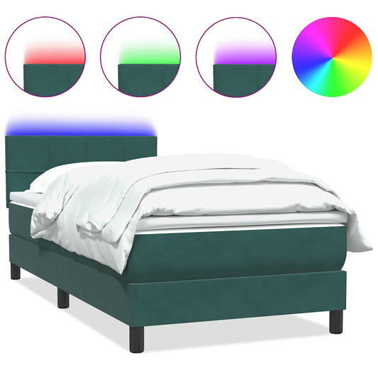 vidaXL Κρεβάτι Boxspring με Στρώμα & LED σκούρο πράσινο 80x220εκ. Βελούδινο