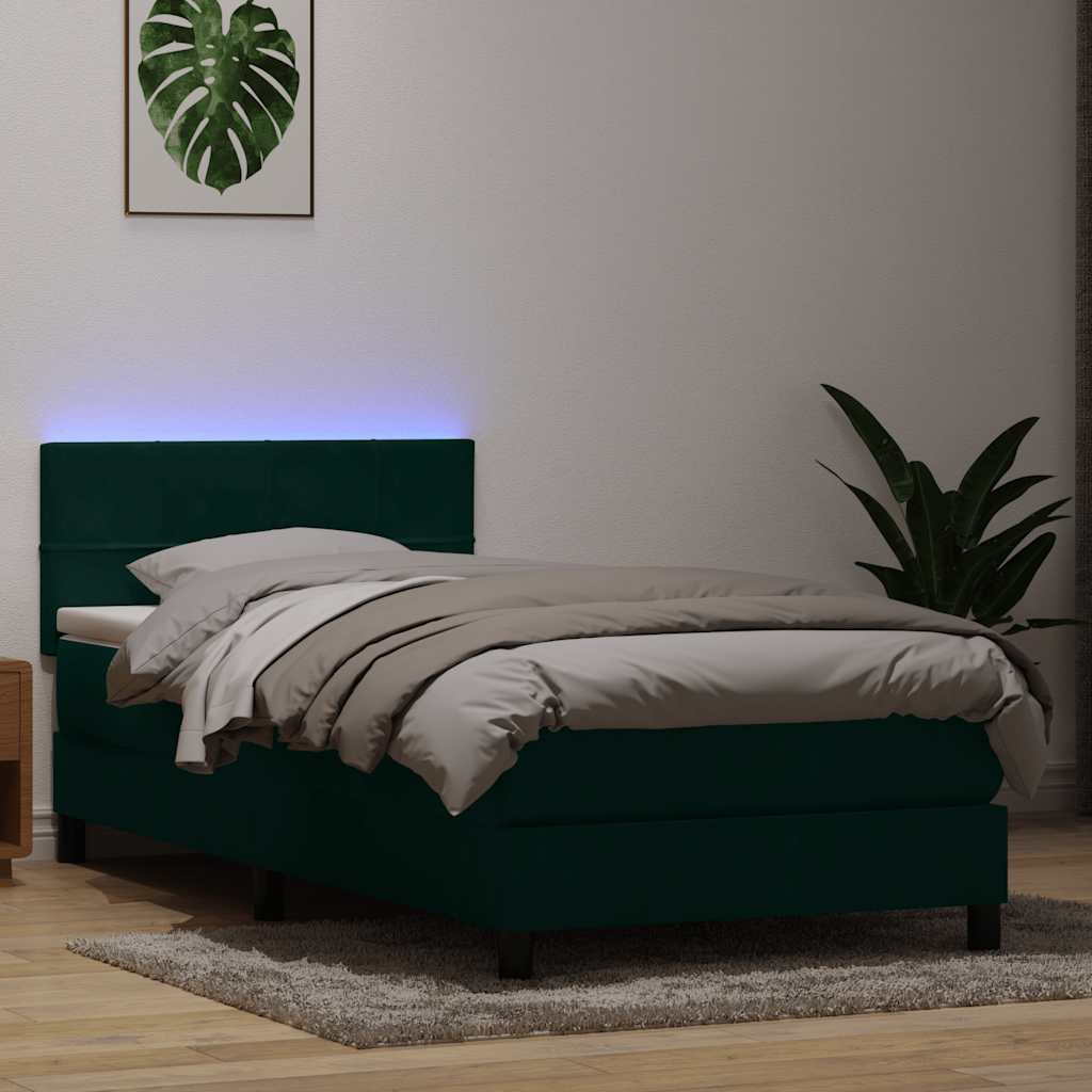 vidaXL Κρεβάτι Boxspring με Στρώμα & LED σκούρο πράσινο 80x220εκ. Βελούδινο