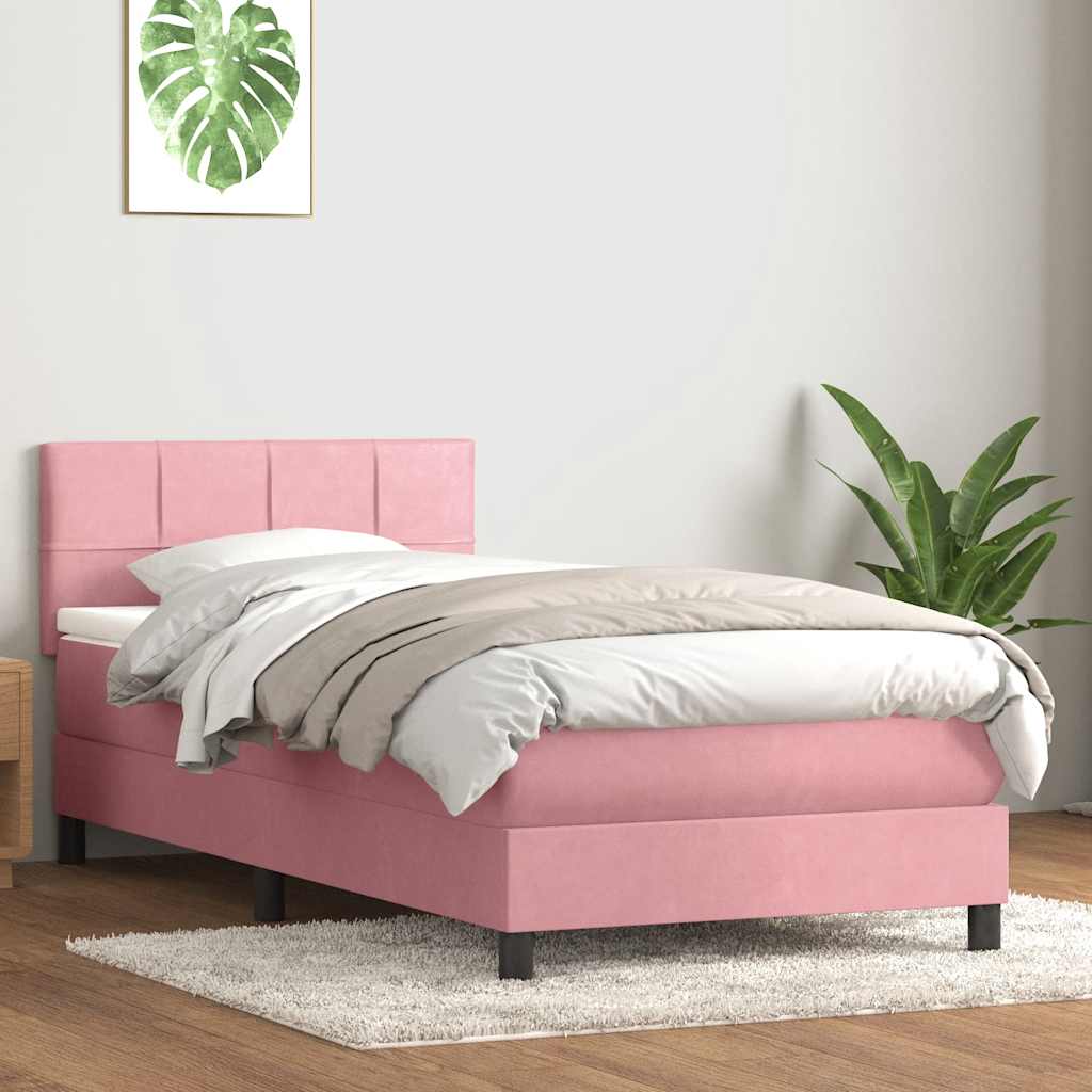 vidaXL Κρεβάτι Boxspring με Στρώμα & LED Ροζ 80x220 εκ. Βελούδινο