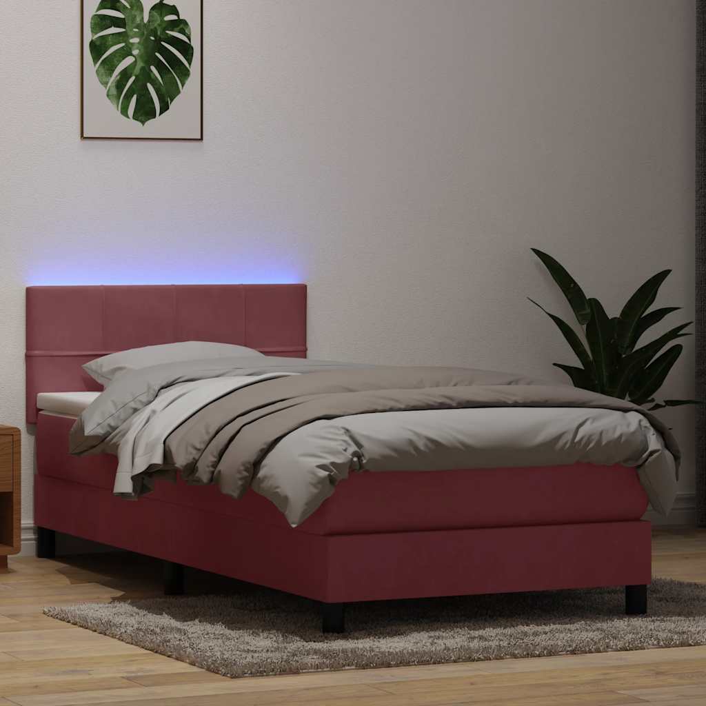 vidaXL Κρεβάτι Boxspring με Στρώμα & LED Ροζ 80x220 εκ. Βελούδινο