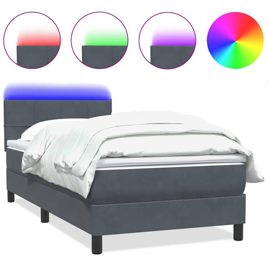 vidaXL Κρεβάτι Boxspring με Στρώμα & LED Σκούρο Γκρι 90x220 εκ. Βελούδινο