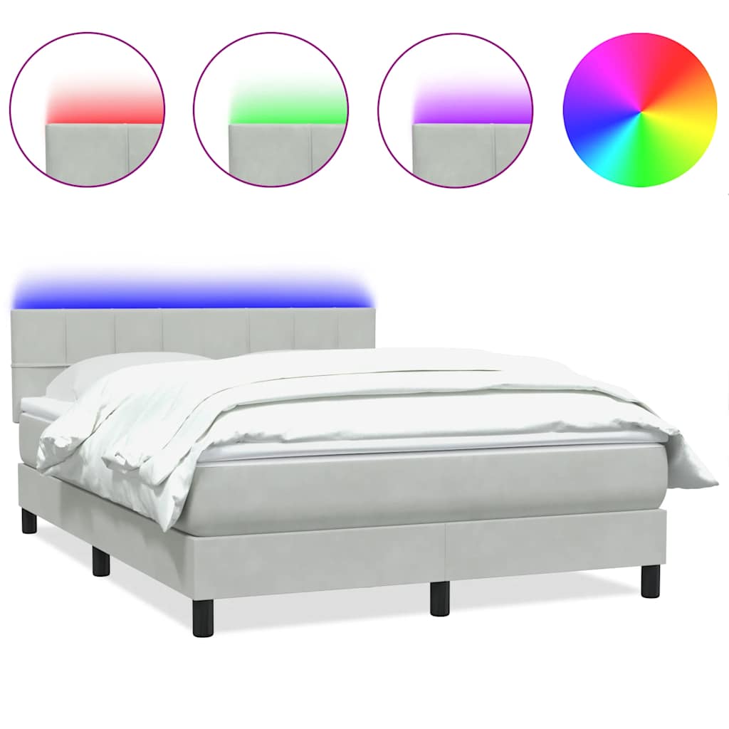 vidaXL Κρεβάτι Boxspring με Στρώμα & LED Ανοιχτό Γκρι 160x220 εκ. Βελούδινο