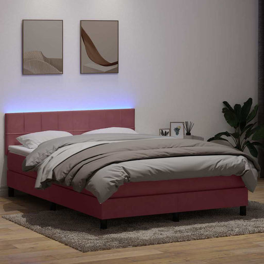 vidaXL Κρεβάτι Boxspring με Στρώμα & LED ροζ 160x220 cm Βελούδινο