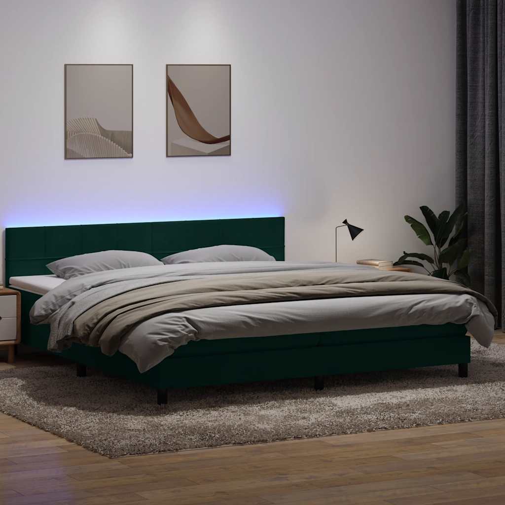 vidaXL Κρεβάτι Boxspring με Στρώμα & LED σκούρο πράσινο 180x220cm Βελούδινο