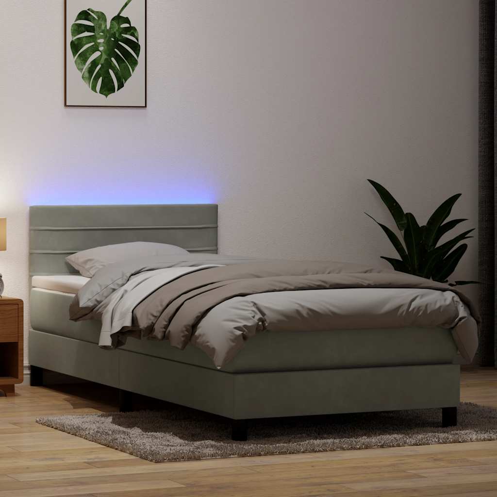 vidaXL Κρεβάτι Boxspring με Στρώμα & LED Ανοιχτό Γκρι 80x210 εκ. Βελούδινο