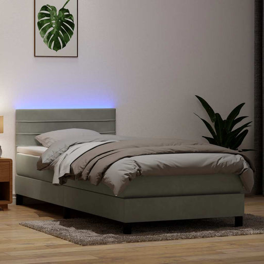 vidaXL Κρεβάτι Boxspring με Στρώμα & LED Ανοιχτό Γκρι 80x210 εκ. Βελούδινο