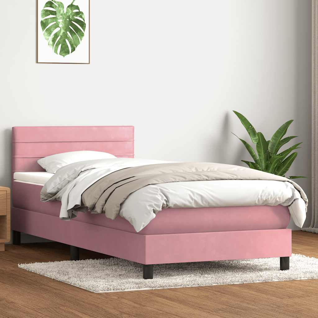 vidaXL Κρεβάτι Boxspring με Στρώμα & LED ροζ 90x210 εκ. Βελούδινο