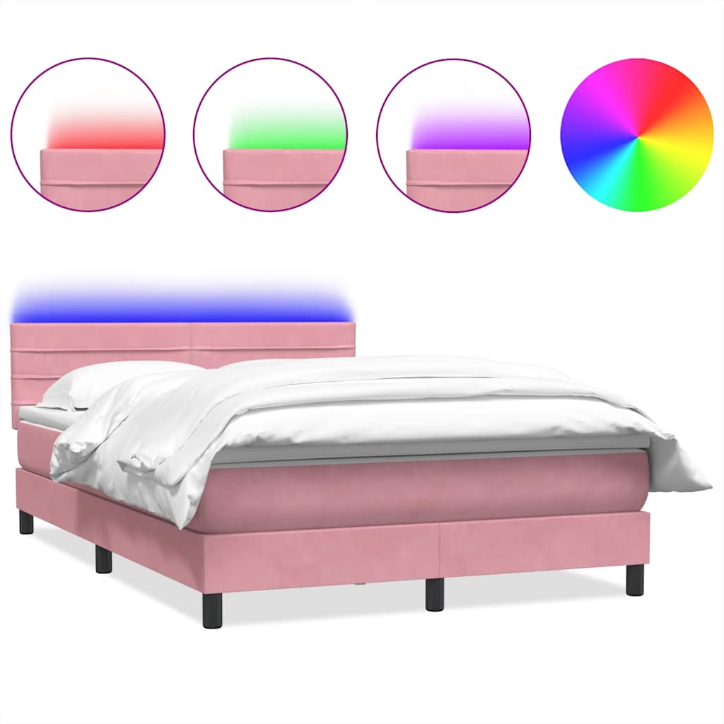 vidaXL Κρεβάτι Boxspring με Στρώμα & LED Ροζ 140x210 εκ. Βελούδινο