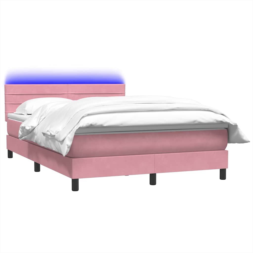vidaXL Κρεβάτι Boxspring με Στρώμα & LED Ροζ 140x210 εκ. Βελούδινο