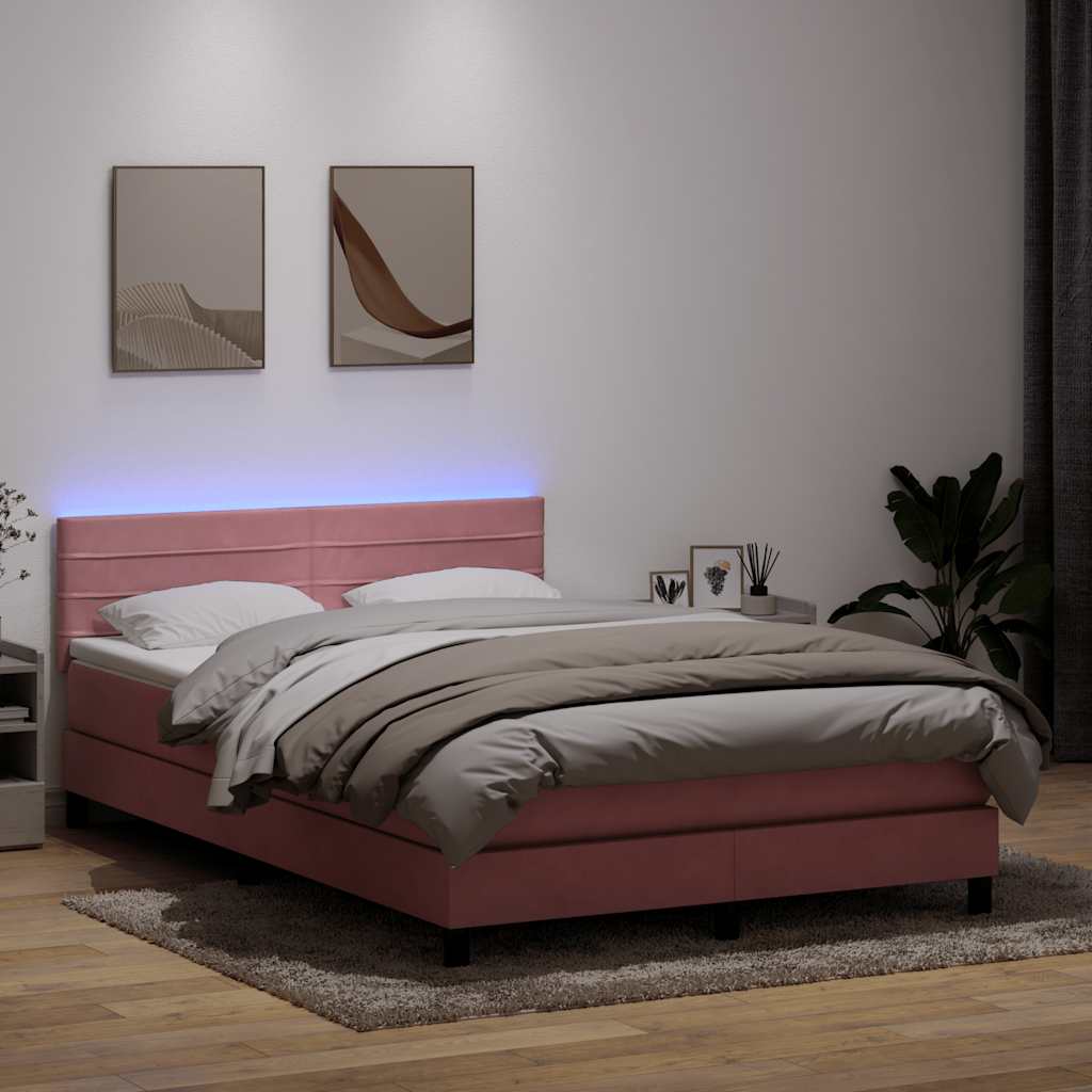vidaXL Κρεβάτι Boxspring με Στρώμα & LED Ροζ 140x210 εκ. Βελούδινο