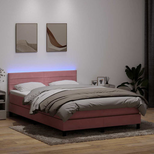 vidaXL Κρεβάτι Boxspring με Στρώμα & LED Ροζ 140x210 εκ. Βελούδινο