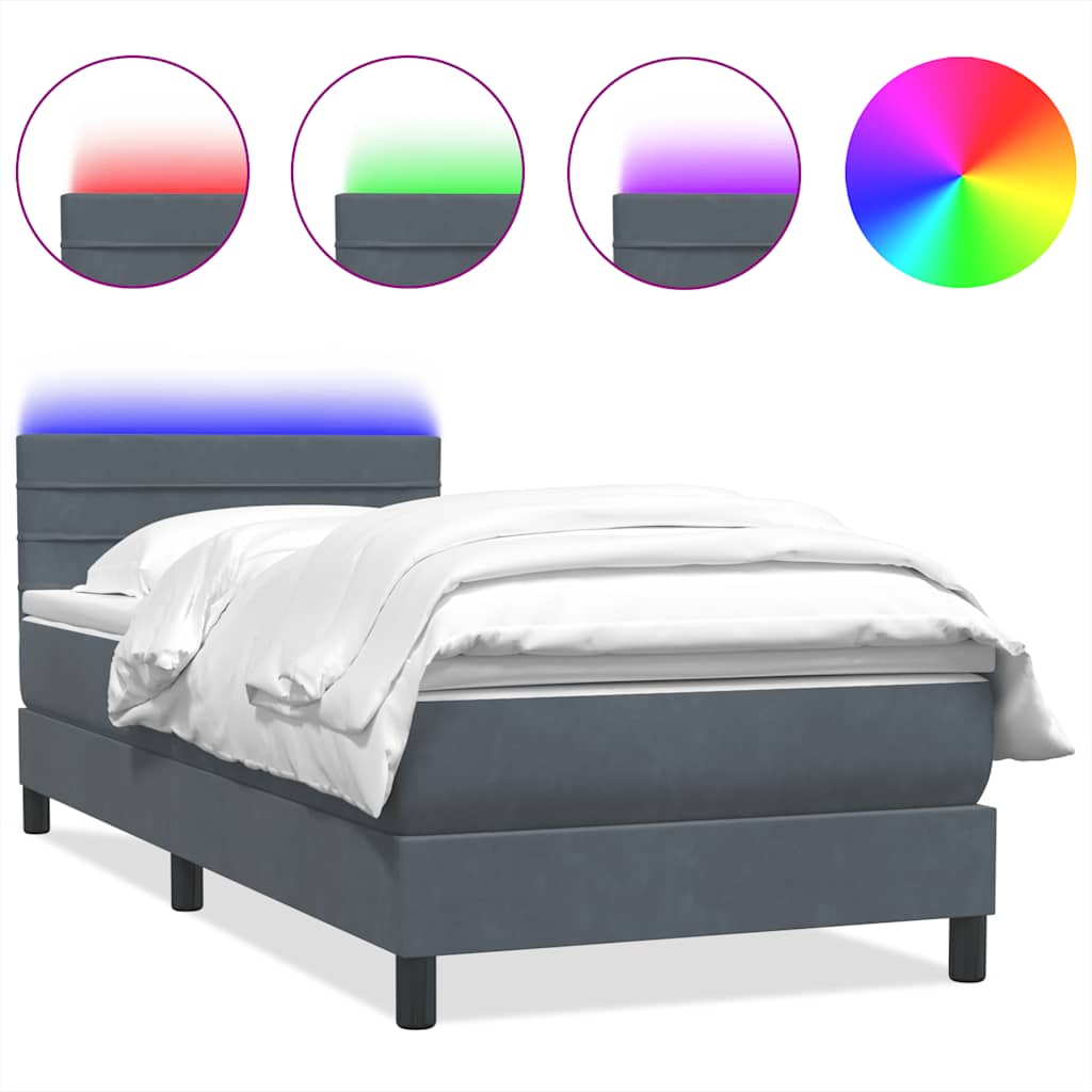 vidaXL Κρεβάτι Boxspring με Στρώμα & LED Σκούρο Γκρι 80x220 εκ. Βελούδινο