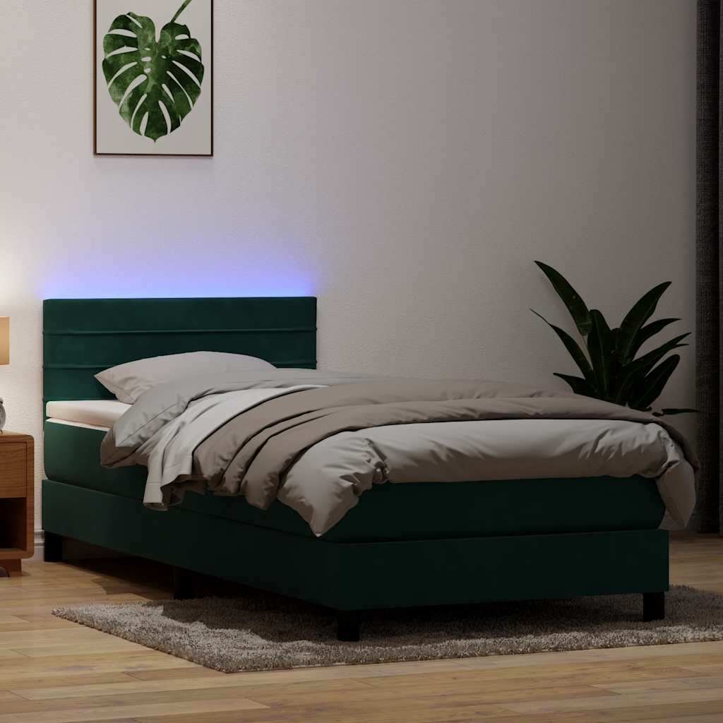 vidaXL Κρεβάτι Boxspring με Στρώμα & LED σκούρο πράσινο 80x220εκ. Βελούδινο