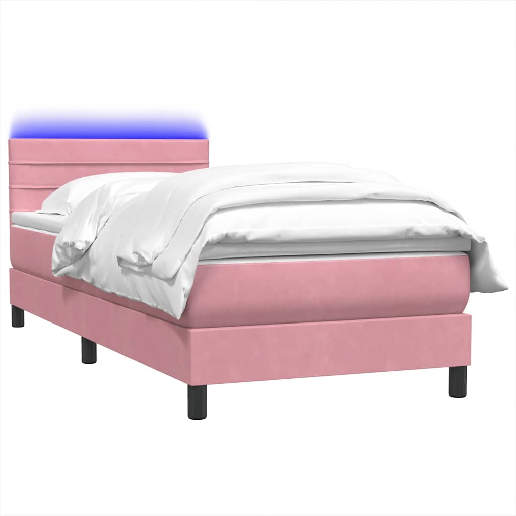 vidaXL Κρεβάτι Boxspring με Στρώμα & LED Ροζ 80x220 εκ. Βελούδινο