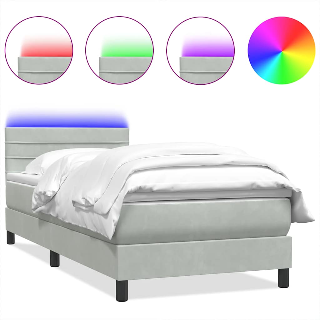 vidaXL Κρεβάτι Boxspring με Στρώμα & LED ανοιχτό γκρι 90x220 εκ. Βελούδινο