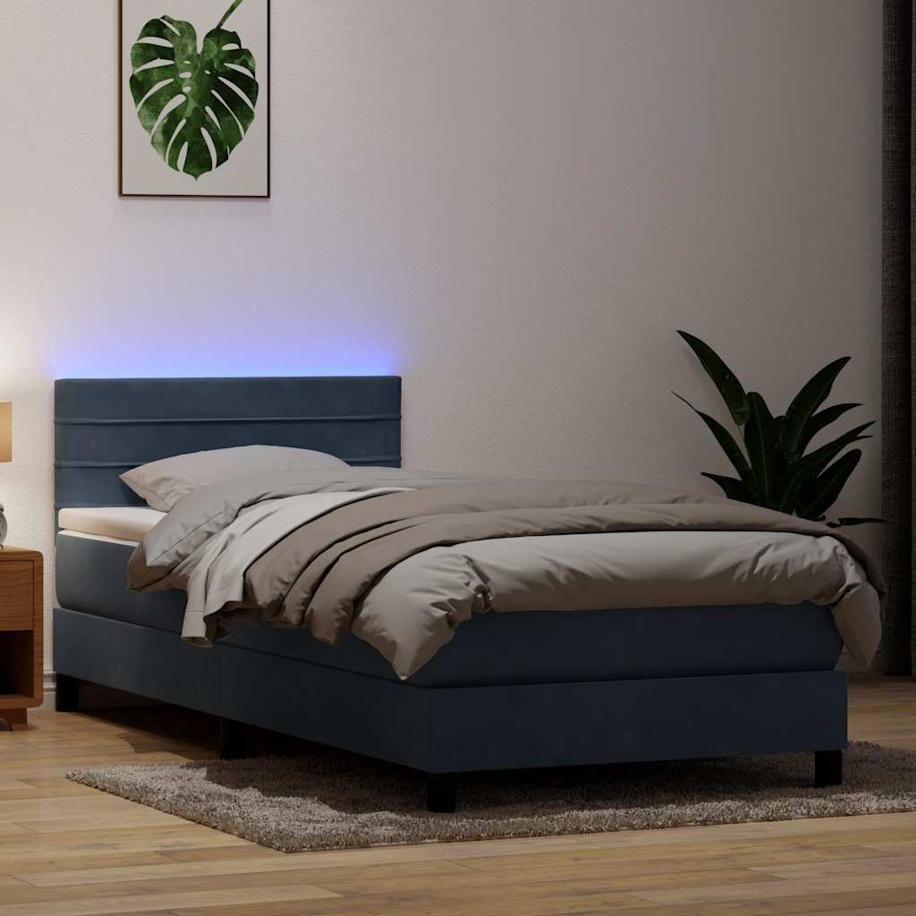 vidaXL Κρεβάτι Boxspring με Στρώμα & LED Σκούρο Γκρι 90x220 εκ. Βελούδινο