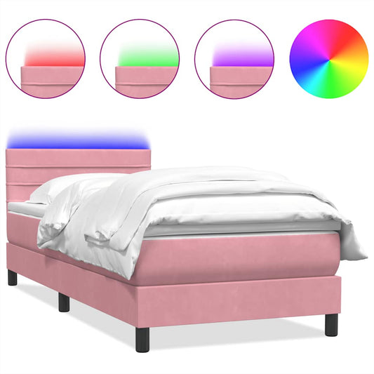 vidaXL Κρεβάτι Boxspring με Στρώμα & LED Ροζ 90x220 εκ. Βελούδινο
