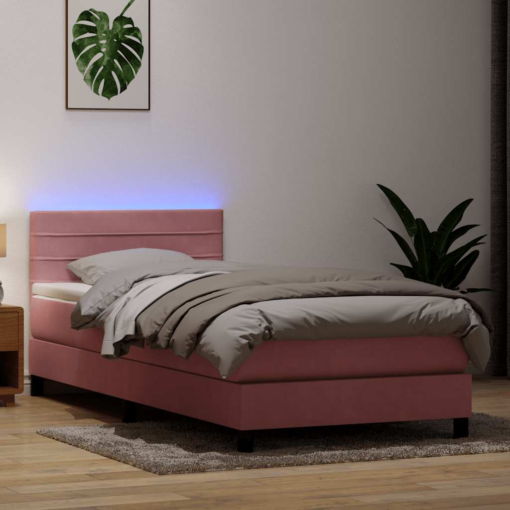 vidaXL Κρεβάτι Boxspring με Στρώμα & LED Ροζ 90x220 εκ. Βελούδινο