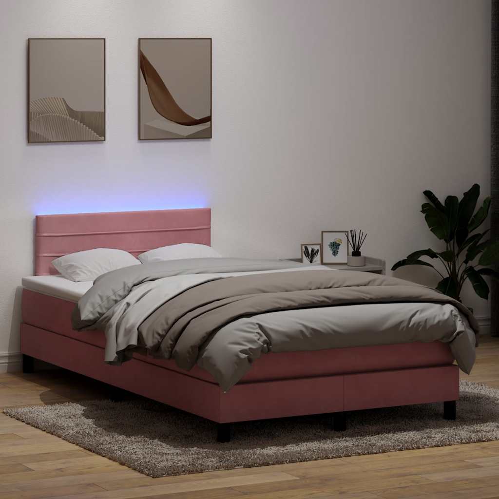 vidaXL Κρεβάτι Boxspring με Στρώμα & LED ροζ 120x220 cm Βελούδινο