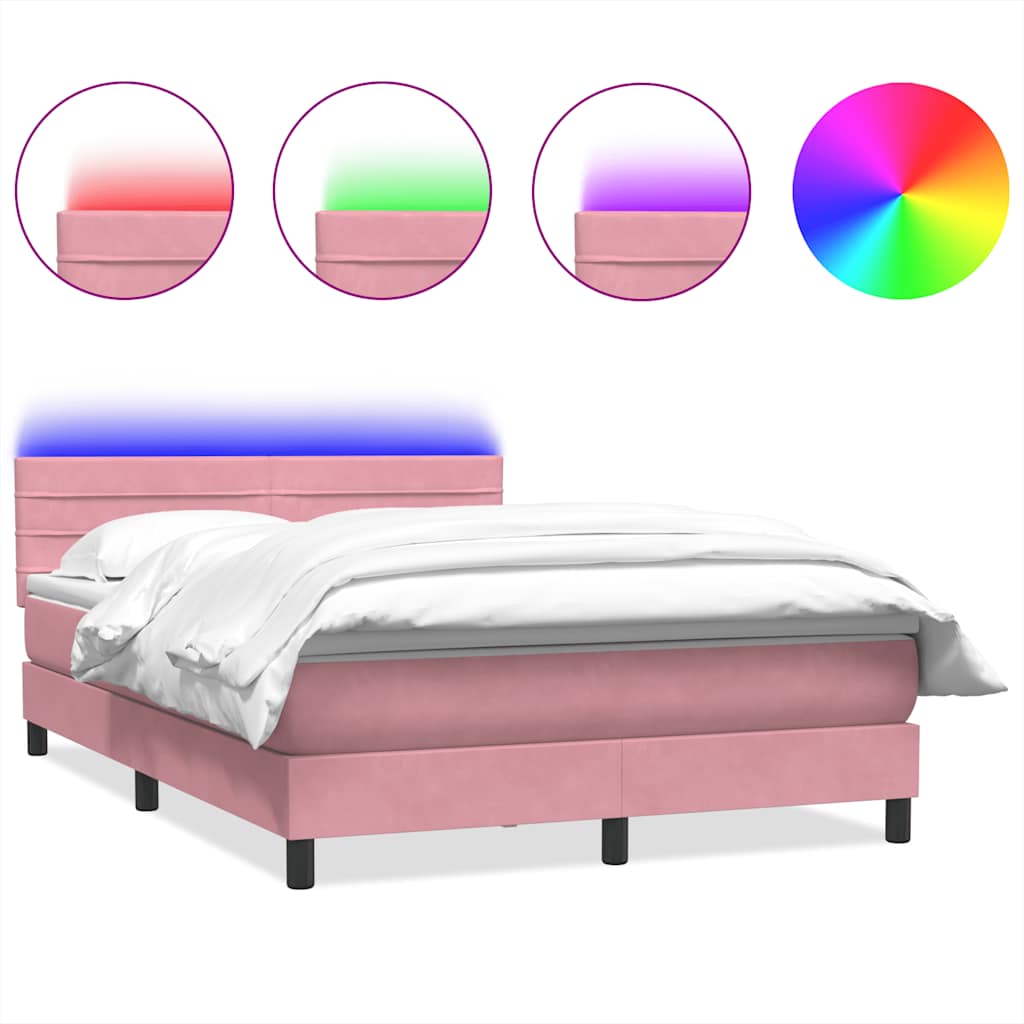 vidaXL Κρεβάτι Boxspring με Στρώμα & LED ροζ 140x220 cm Βελούδινο