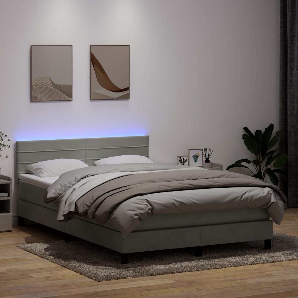 vidaXL Κρεβάτι Boxspring με Στρώμα & LED Ανοιχτό Γκρι 160x220 εκ. Βελούδινο