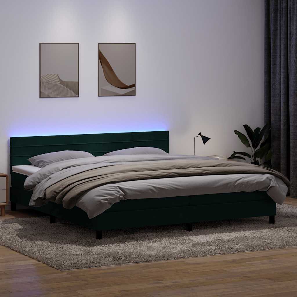vidaXL Κρεβάτι Boxspring με Στρώμα & LED σκούρο πράσινο 180x220cm Βελούδινο