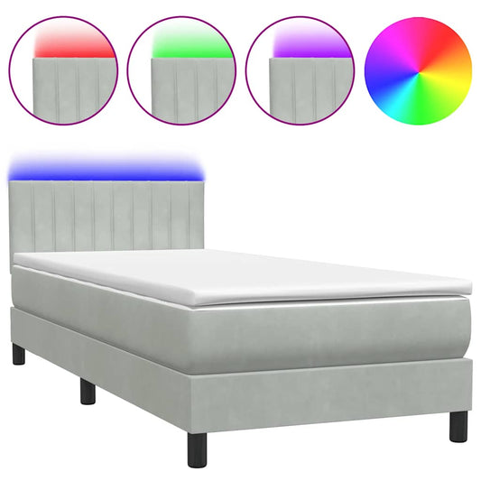 vidaXL Κρεβάτι Boxspring με Στρώμα & LED Ανοιχτό Γκρι 80x210 εκ. Βελούδινο