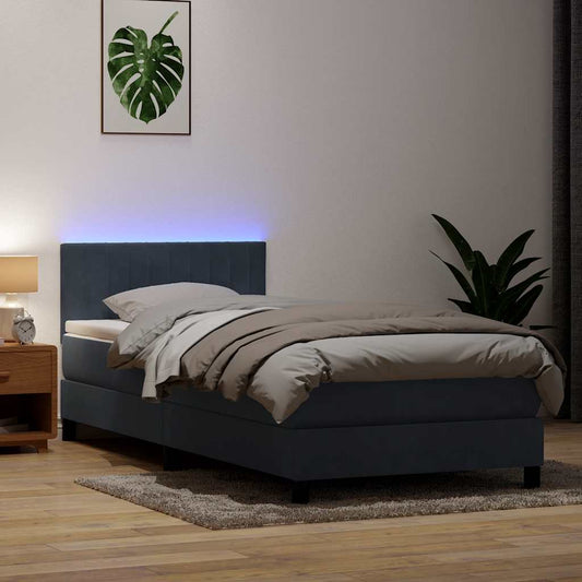 vidaXL Κρεβάτι Boxspring με Στρώμα & LED Σκούρο γκρι 80x210 εκ. Βελούδινο