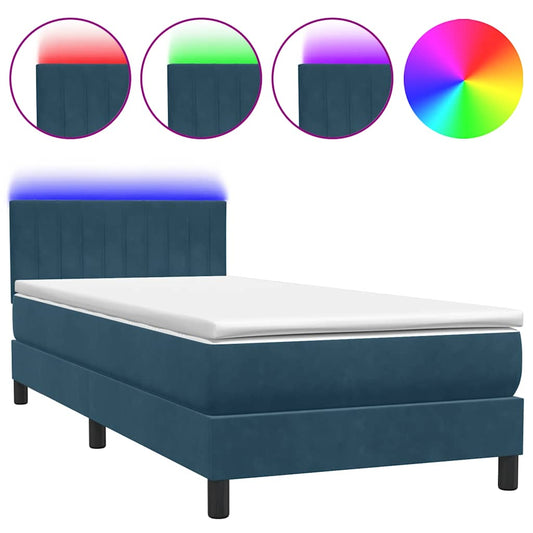 vidaXL Κρεβάτι Boxspring με Στρώμα & LED σκούρο μπλε 80x210 εκ. Βελούδινο