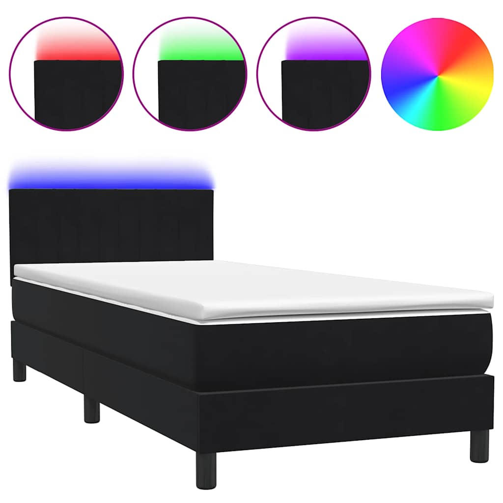 vidaXL Κρεβάτι Boxspring με Στρώμα & LED Μαύρο 90x210 εκ. Βελούδινο