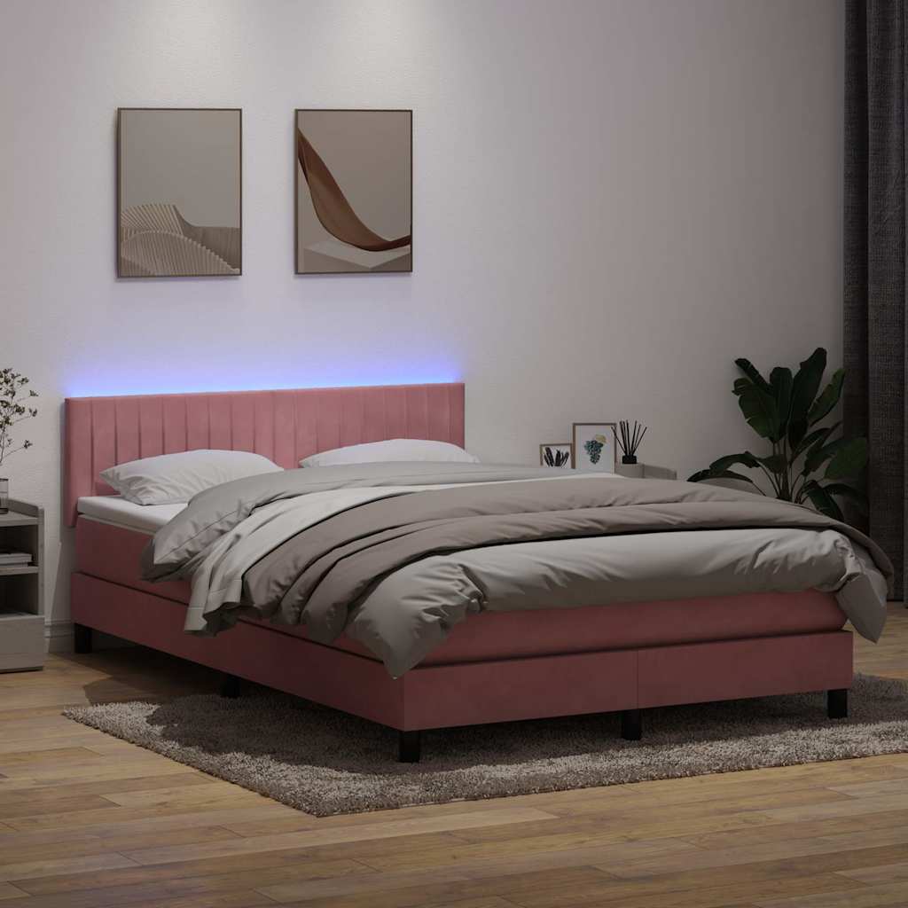vidaXL Κρεβάτι Boxspring με Στρώμα & LED Ροζ 140x210 εκ. Βελούδινο
