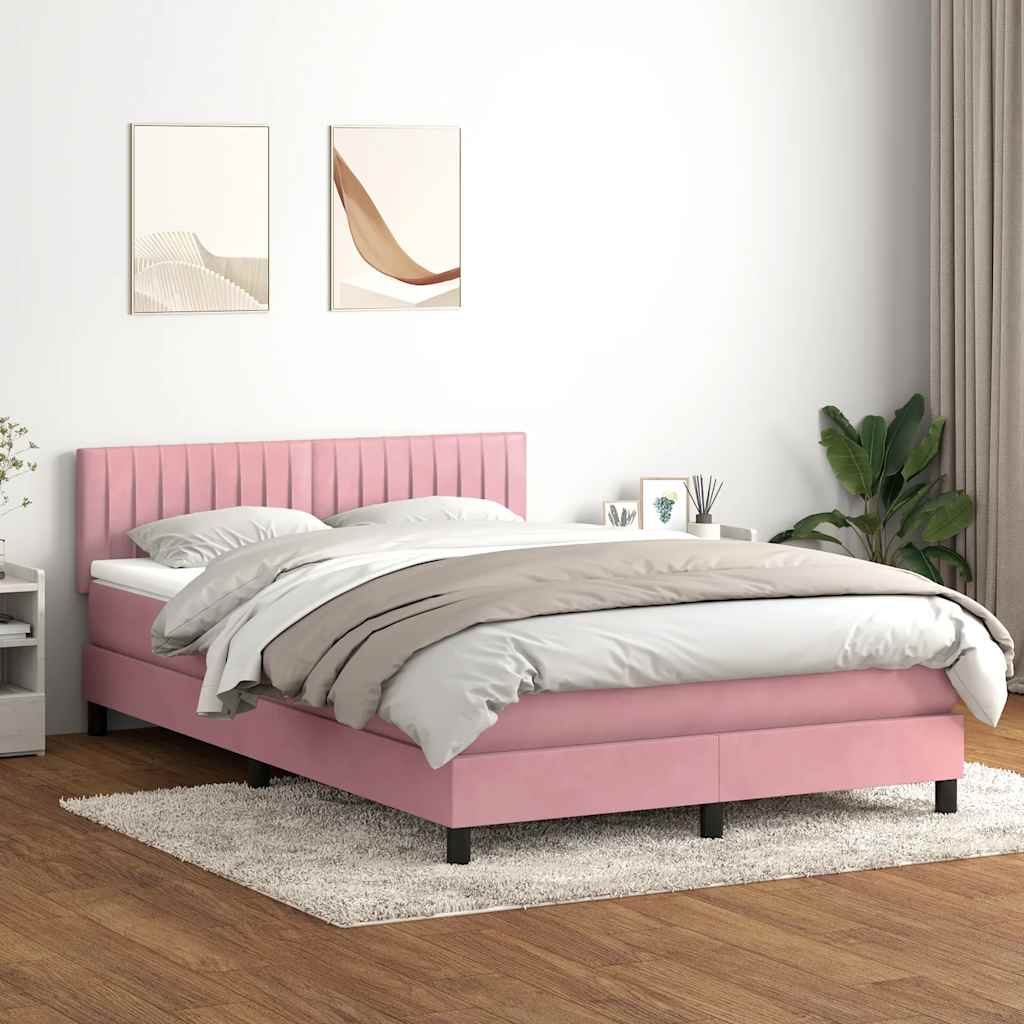 vidaXL Κρεβάτι Boxspring με Στρώμα & LED Ροζ 140x210 εκ. Βελούδινο