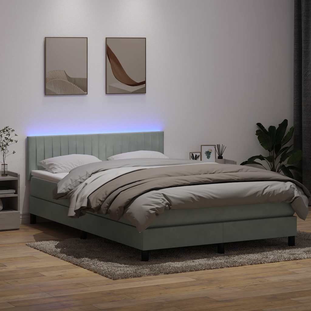 vidaXL Κρεβάτι Boxspring με Στρώμα & LED Ανοιχτό Γκρι 160x210 εκ. Βελούδινο