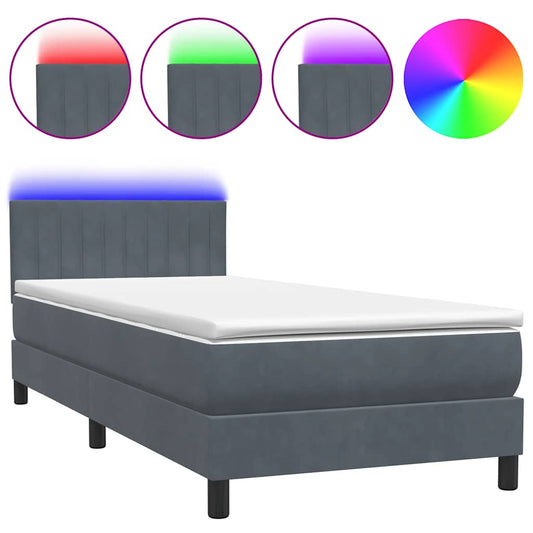 vidaXL Κρεβάτι Boxspring με Στρώμα & LED Σκούρο Γκρι 80x220 εκ. Βελούδινο