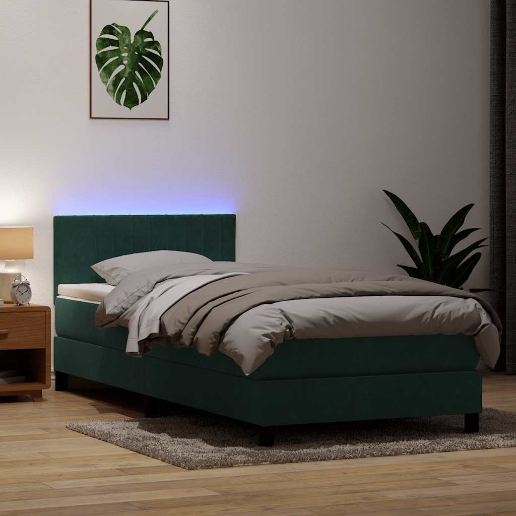 vidaXL Κρεβάτι Boxspring με Στρώμα & LED σκούρο πράσινο 80x220εκ. Βελούδινο