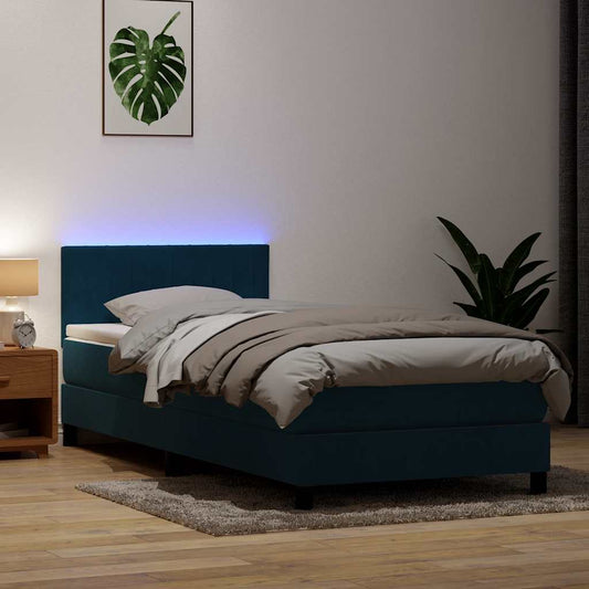 vidaXL Κρεβάτι Boxspring με Στρώμα & LED Σκούρο Μπλε 80x220 εκ. Βελούδινο