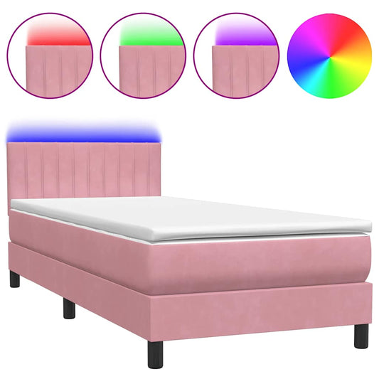 vidaXL Κρεβάτι Boxspring με Στρώμα & LED Ροζ 80x220 εκ. Βελούδινο