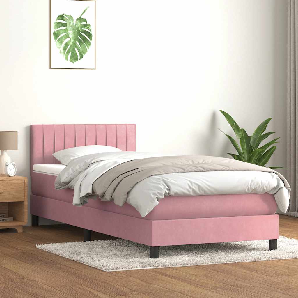 vidaXL Κρεβάτι Boxspring με Στρώμα & LED Ροζ 90x220 εκ. Βελούδινο