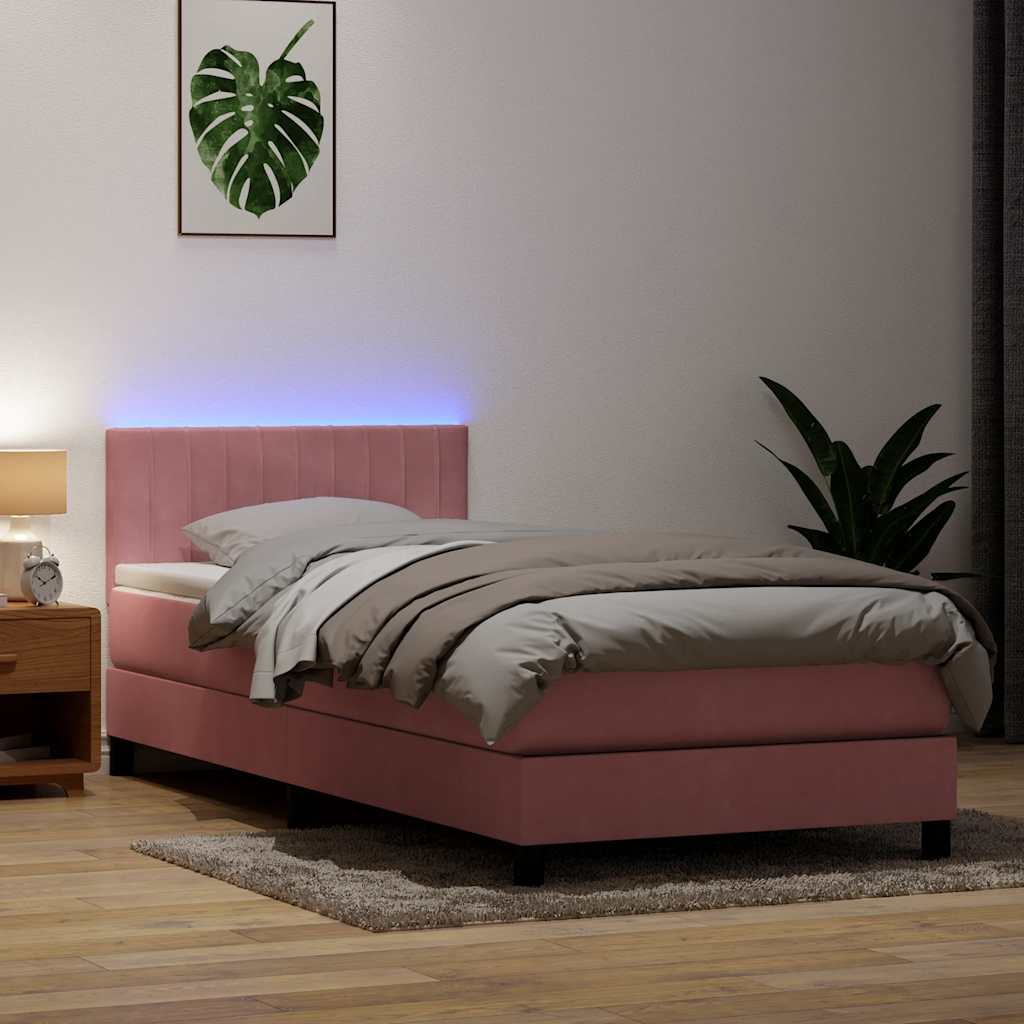 vidaXL Κρεβάτι Boxspring με Στρώμα & LED Ροζ 90x220 εκ. Βελούδινο