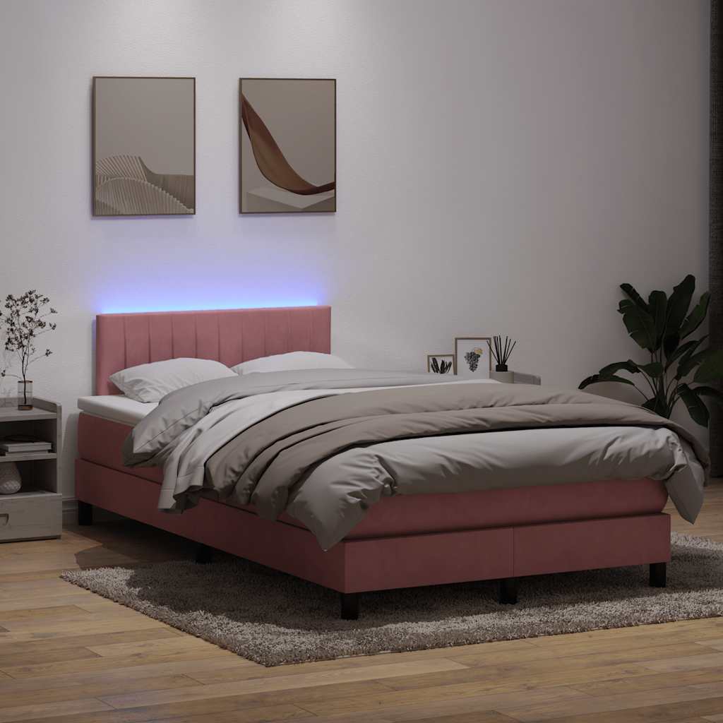 vidaXL Κρεβάτι Boxspring με Στρώμα & LED ροζ 120x220 cm Βελούδινο